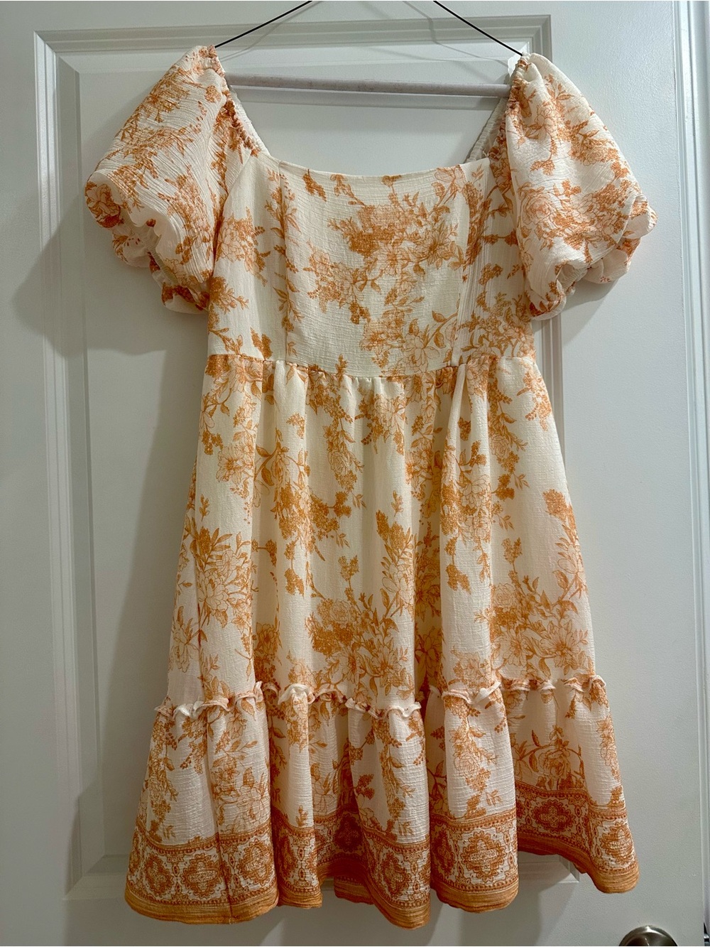 Blu Pepper Cream and Orange Floral Puff-Sleeve Casual Dress Size S